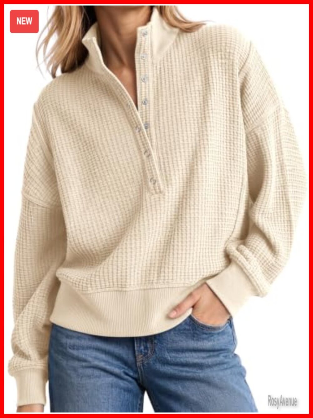 Waffle Knit Oversized Henley Sweatshirt Snap Button Pullover
